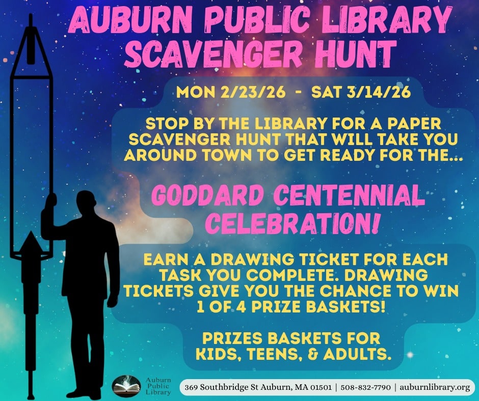 Stop by the Library for a paper scavenger hunt that will take you around town to get ready for the Goddard Centennial Celebration