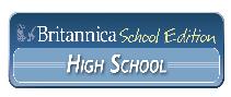 Logo for Britannica School E-Edition, High School level, with white and yellow text on a blue background.