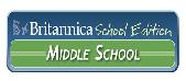 A rectangular logo with Britannica School Edition in white and yellow text on a blue background, and Middle School in bold white text on a green banner below.
