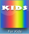 Colorful square with the word KIDS in bold, white, playful letters on a rainbow gradient background. Below, white text reads For Kids on a blue strip.