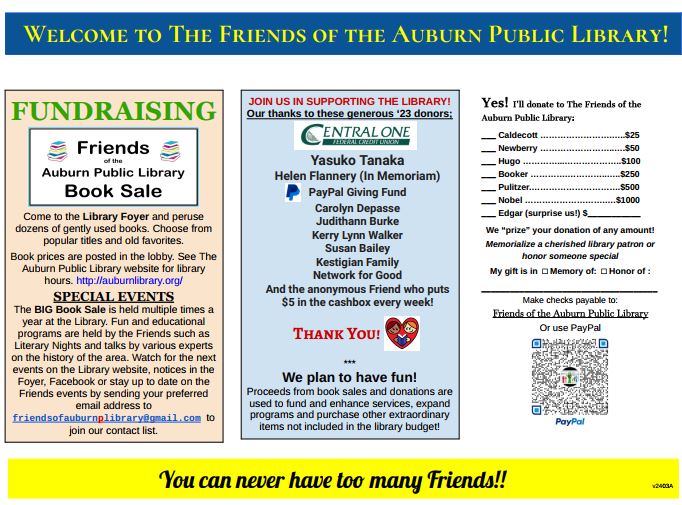 A colorful flyer for the Friends of the Auburn Public Library features details about a fundraising book sale, donor thanks, event information, donation options, and a PayPal QR code, with the tagline “You can never have too many friends!!”.
