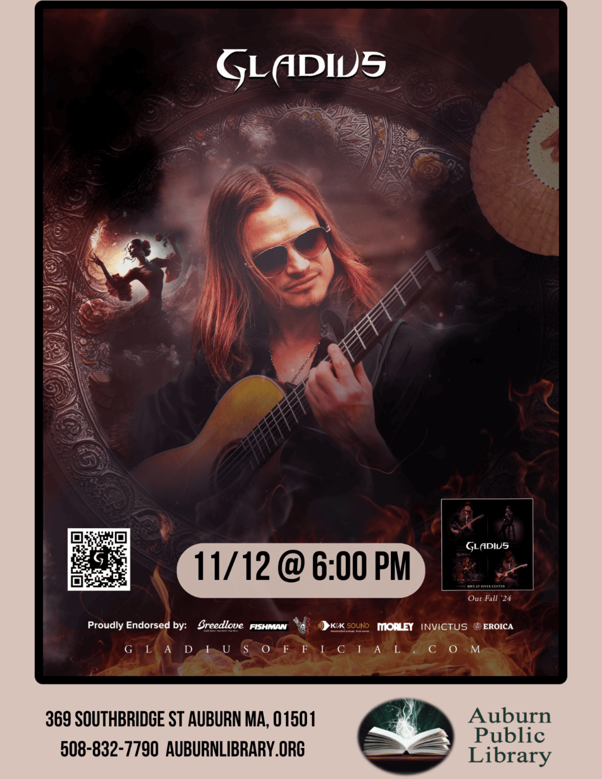Gladius. November 12 at 6:00 PM. 
Image of performer, Gladius,  playing guitar with flamenco dancer in the background.
369 Southbridge St. Auburn MA, 01501. 508-832-7790. auburnlibrary.org.