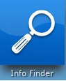 A blue square icon featuring a white magnifying glass above the text Info Finder.