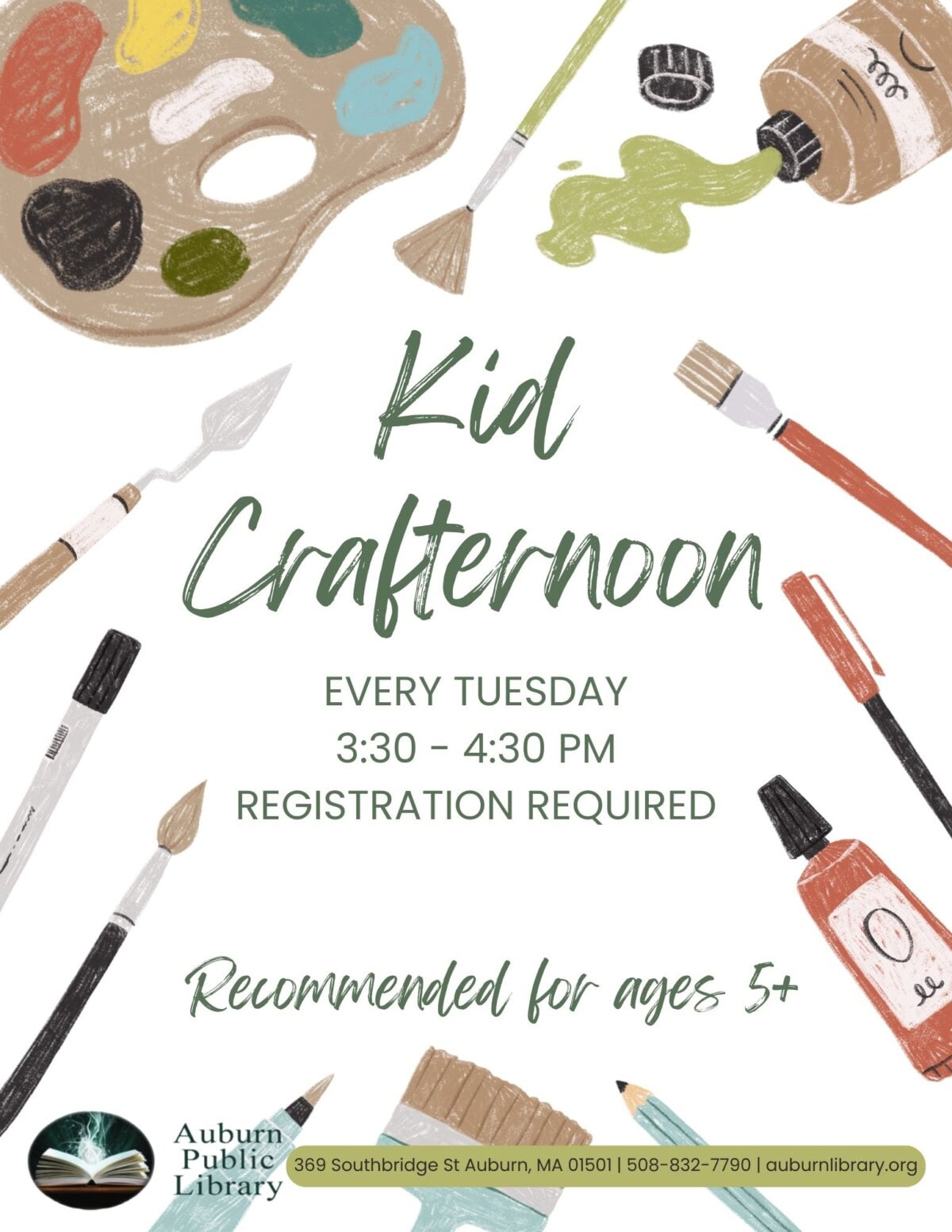 Kid Crafternoon Tuesdays, 3:30–4:30 PM, for ages 5+, registration required.