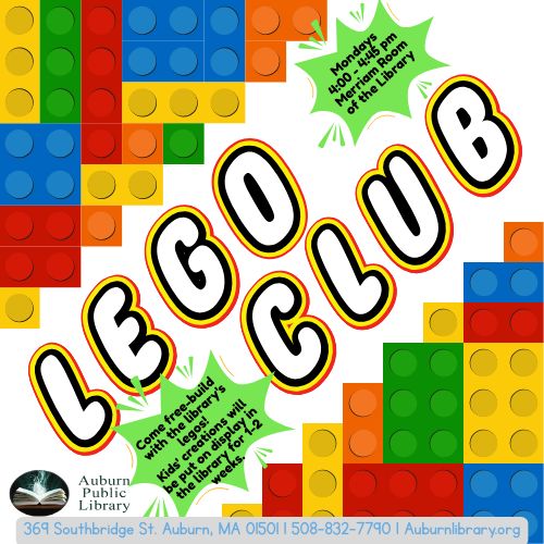 LEGO CLUB every Monday at 4 PM. Creations will be displayed in the library for 1-2 weeks. No registration required. 
