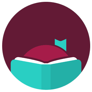 A stylized icon of an open teal book with a maroon semicircle and bookmark behind it, set against a maroon circular background.