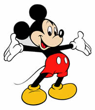 Cartoon image of Mickey Mouse standing with arms open. He is wearing red shorts with white buttons, yellow shoes, and white gloves, and has a cheerful expression.