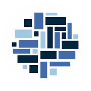 A circular abstract design composed of various blue rectangular shapes arranged in a woven, grid-like pattern on a white background.