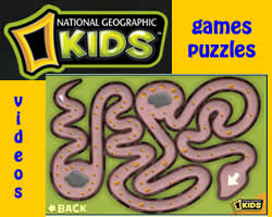 Screenshot from National Geographic Kids featuring a maze game with pathways, the logo at the top, and the words games, puzzles, and videos written in blue on a yellow background.
