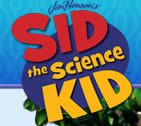 Logo for Sid the Science Kid with colorful, bold letters and Jim Henson’s written above. The background is blue with green leaves peeking in at the bottom.
