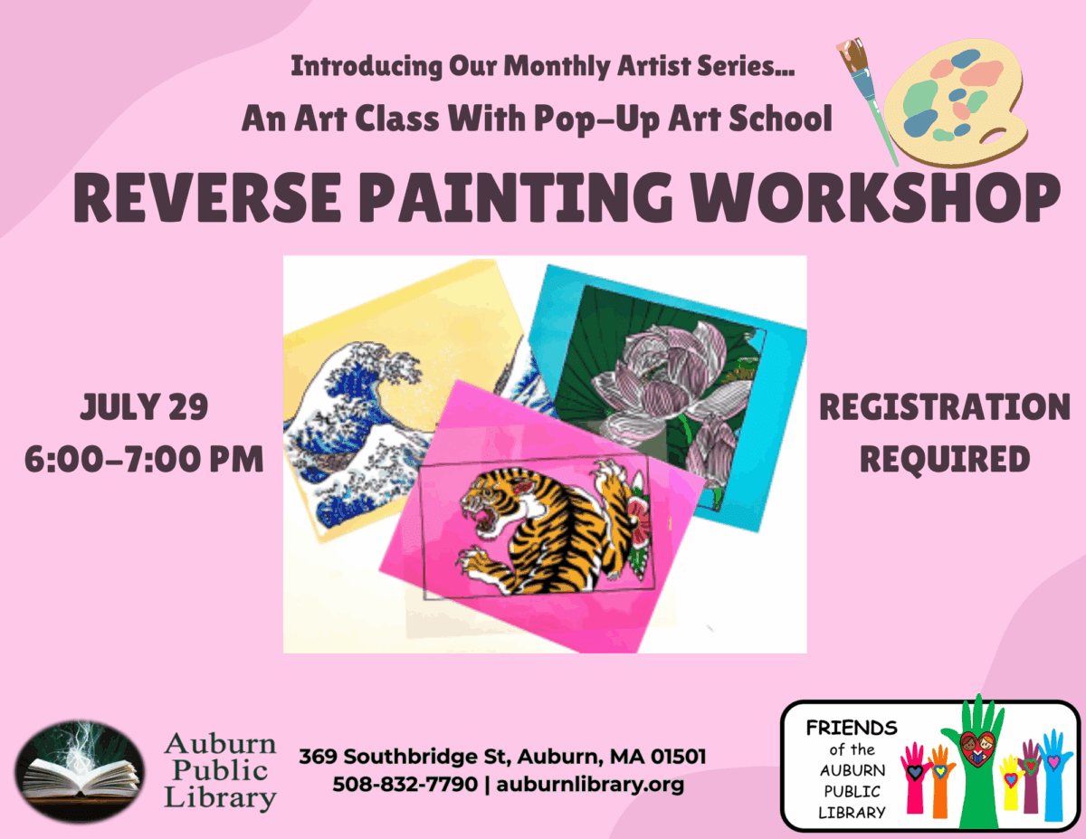 Introducing our monthly artists series... An art class with Pop-Up Art School. Reverse Painting Workshop. July 29 6:00 to 7:00 PM. Registration Required.