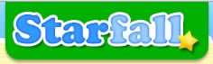 The word Starfall in large, blue and white letters is displayed on a green background, with a small yellow star by the letter l in the bottom right corner.