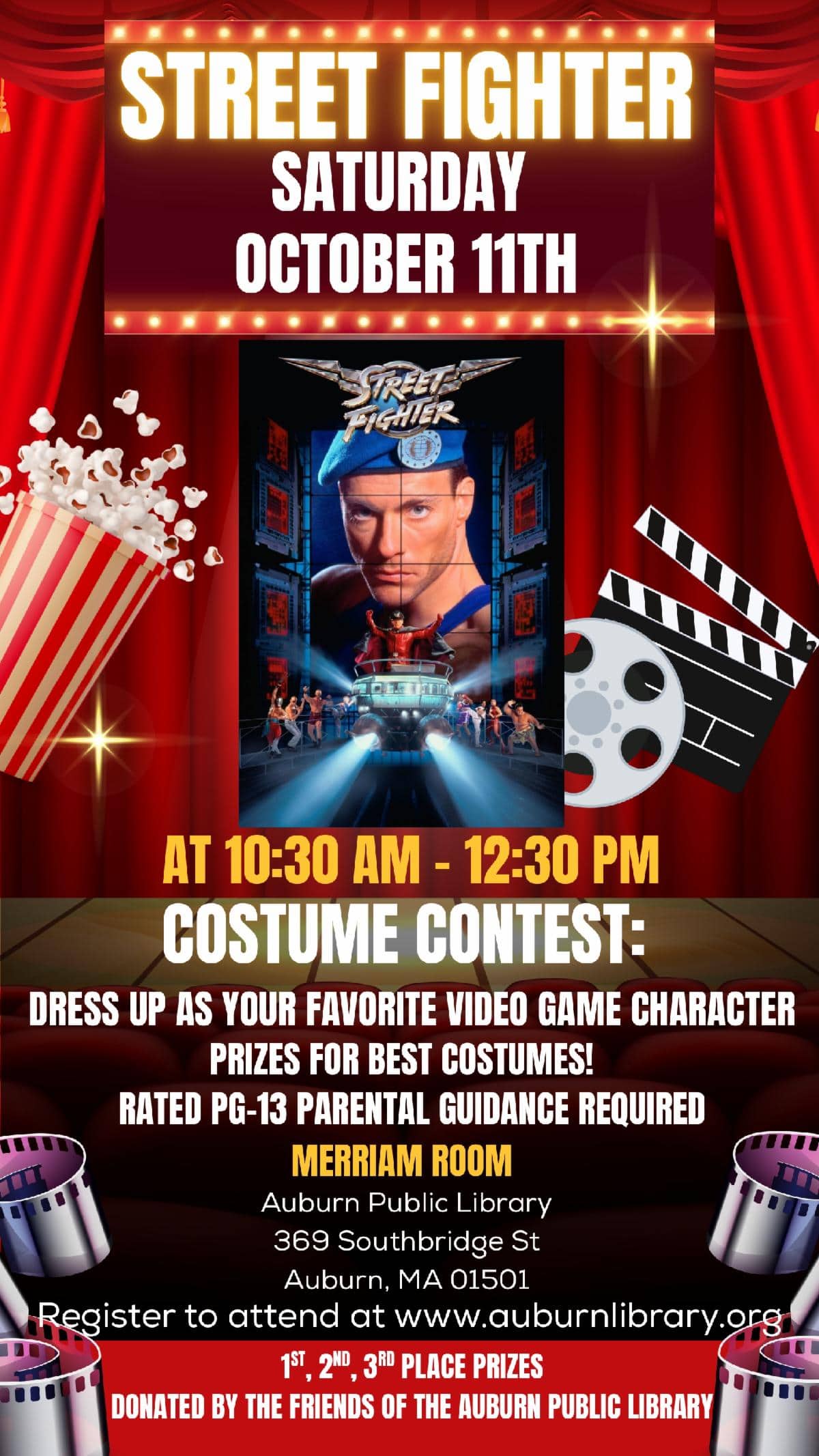 Street Fighter event on Saturday, October 11th, 10:30 AM–12:30 PM  featuring a costume contest, prizes, and a movie screening. Registration and parental guidance required.
