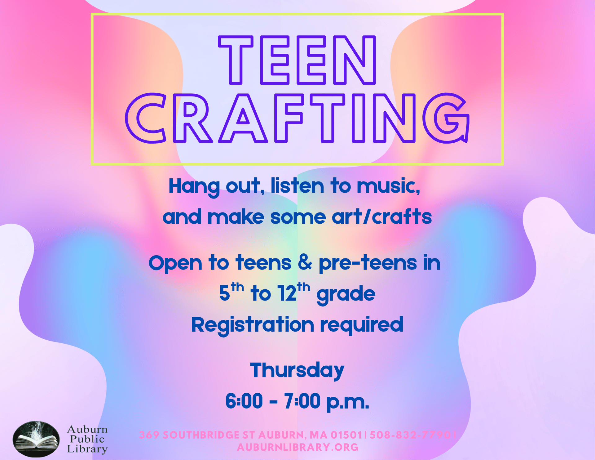 teen crafting flyer thursday 6 to 7 pm