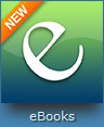 Icon with a stylized white letter e on a blue and green background, an orange ribbon with NEW in the top left corner, and the word eBooks at the bottom.